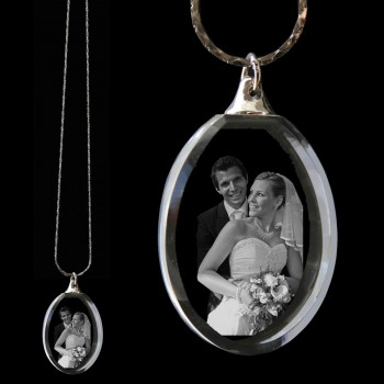 Engraved Oval Crystal Photo Necklace Pendant